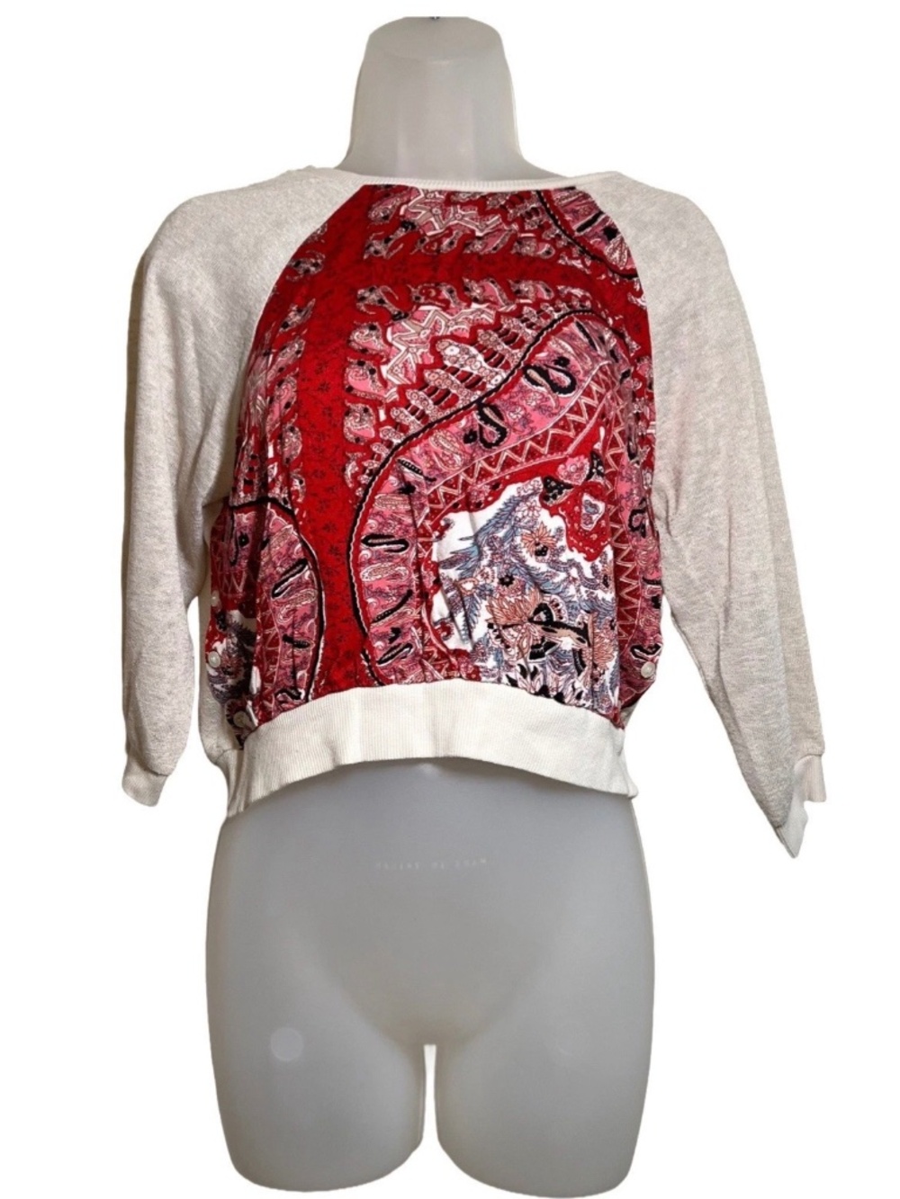 Anthropologie Tiny Abstract Knit Pullover Sweater Paisley Red Cream Med Petite